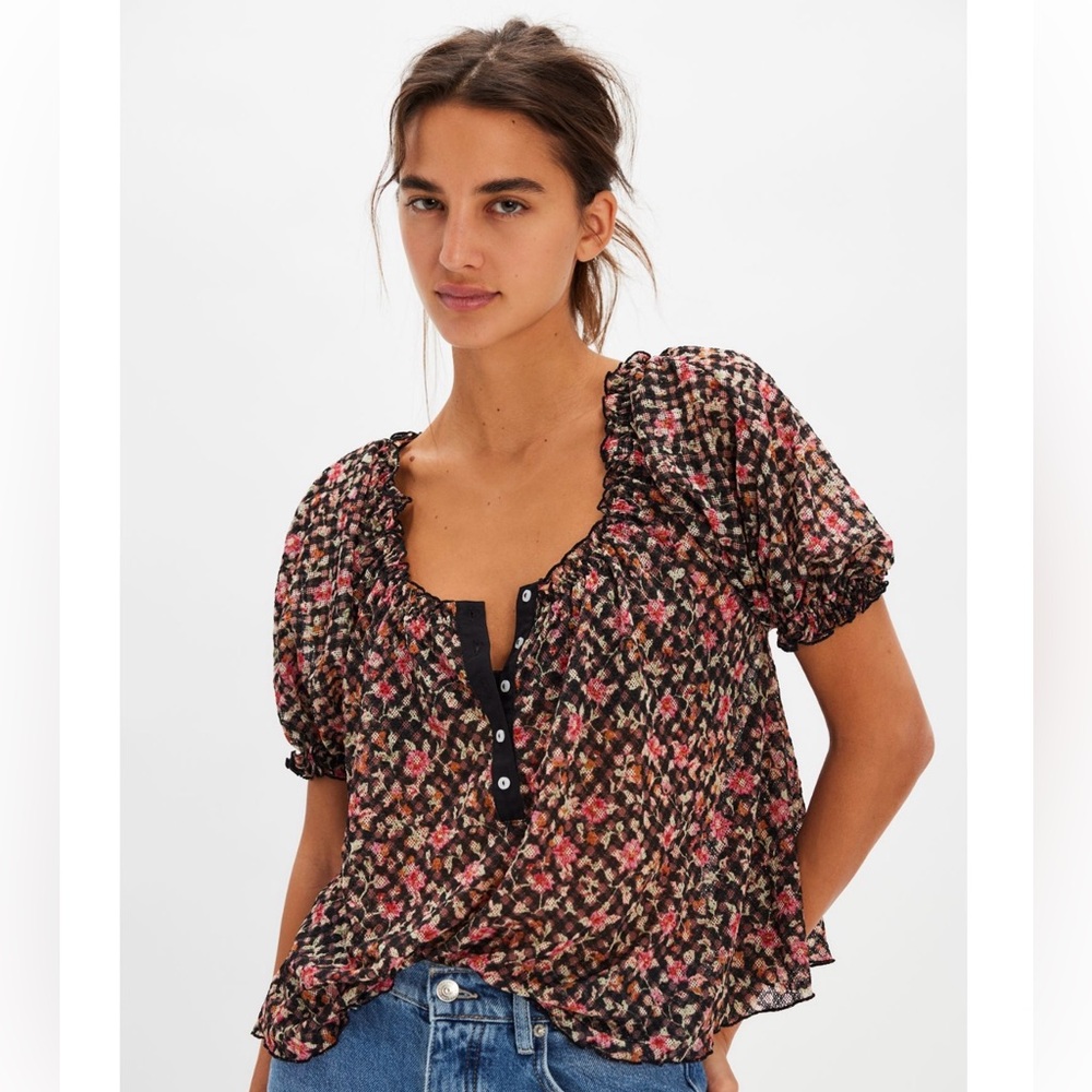 Free People Astra Peasant Women Floral Blouse Large Colorful Black Pink Combo